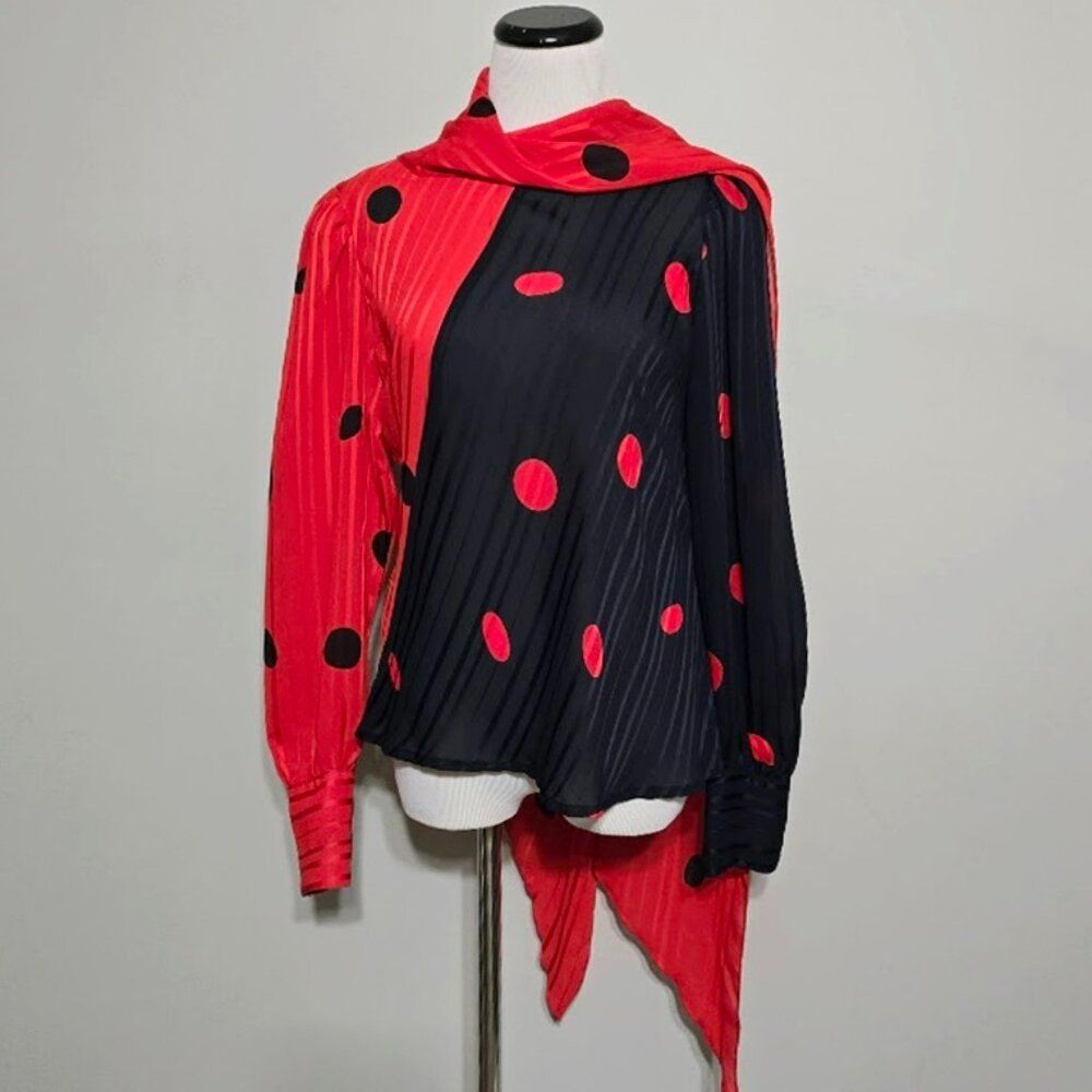 Vintage Jean for Joseph Le Bon Red Black Polka Dot Scarf Asymmetric Blouse M